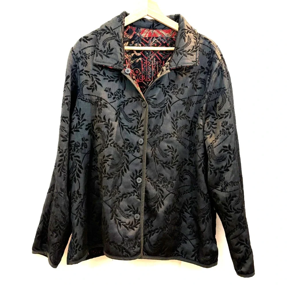 Women's Handmade Reversible Artsy Jacket, Black Red Gold Button Front Size Large
